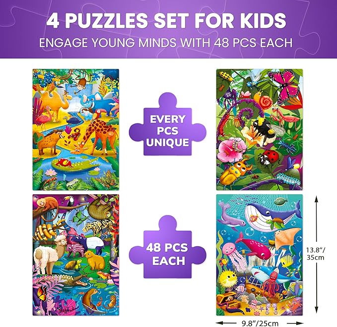 QUOKKA Puzzles for Toddlers 4-6 – 4 x 48 Pieces Jigsaw Puzzles for Kids Ages 3-5 – Learning Insects, African, Amazon, Ocean Animals Puzzle for 2-4 – Jigsaw Game for Boy and Girl 4-8 Year Old
