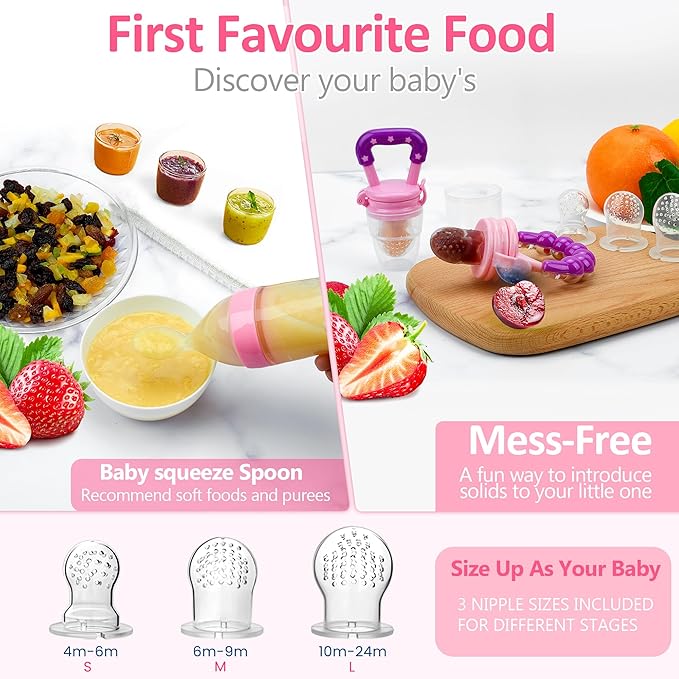 WAJIAYON Baby Fruit Feeder Pacifier - 12 Pack | 2 Infant Food Feeder Pacifier & 1 Baby Food Dispensing Spoon | Fresh Fruit Teethers for Babies | Silicone Feeder Babies,Infant Teething Feeders (Pink)