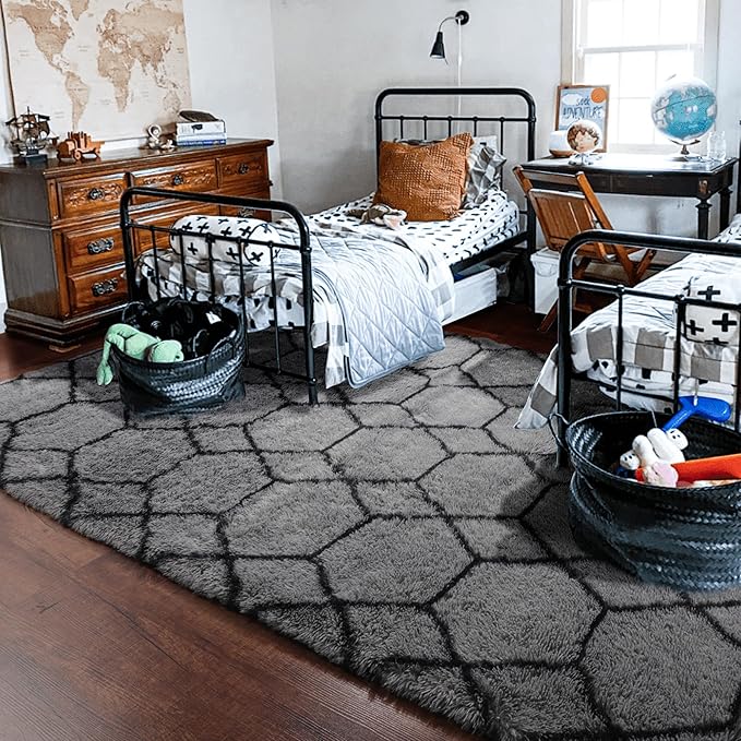 ONASAR 8x10 Area Rugs for Living Room, Fluffy Grey and Black Bedroom Rug, Washable Geometric Boho Large Soft Plush Shaggy Fuzzy Floor Carpet for Nursery Kids Classroom Playroom Dorm Home Decor