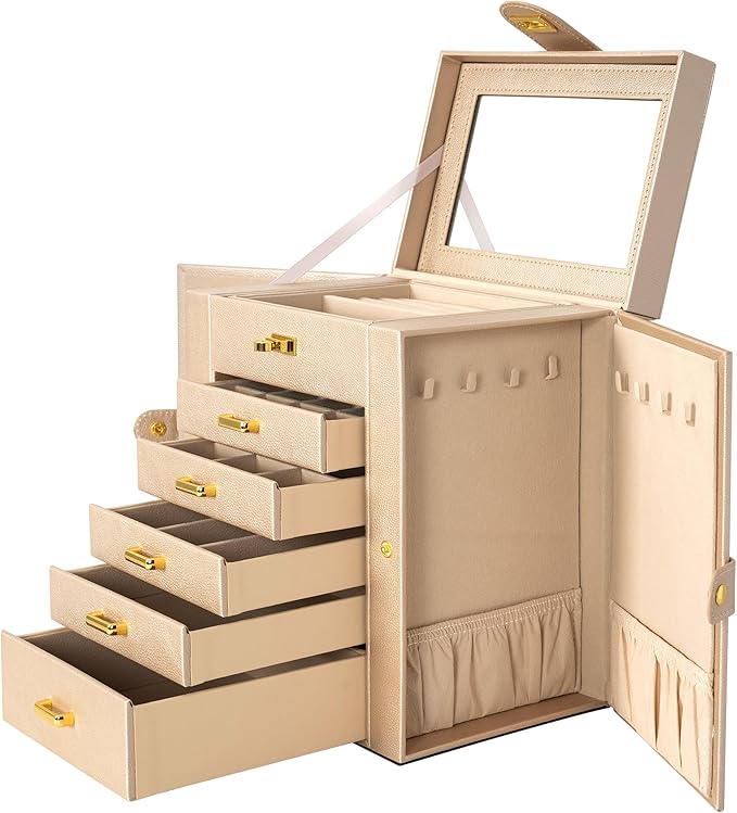 AKOZLIN 6-Tier Jewelry Box Organizer Functional Leather Jewelry Storage Case for Women Girls Ring Necklace Earring Bracelet Holder Organizer with Mirror