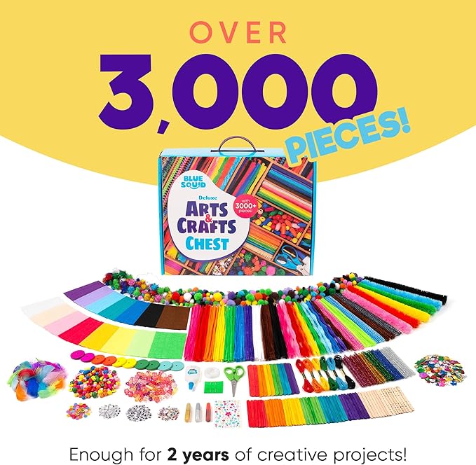 Blue Squid 3000+ pcs Arts and Crafts Supplies for Kids | Craft Kit Box for Kids Age 3-5, 4-8, 6-8, 8-12 | Craft Supplies & Materials Crafts Set Toys Art Box Gifts for Girls Boys Bulk Art Kit