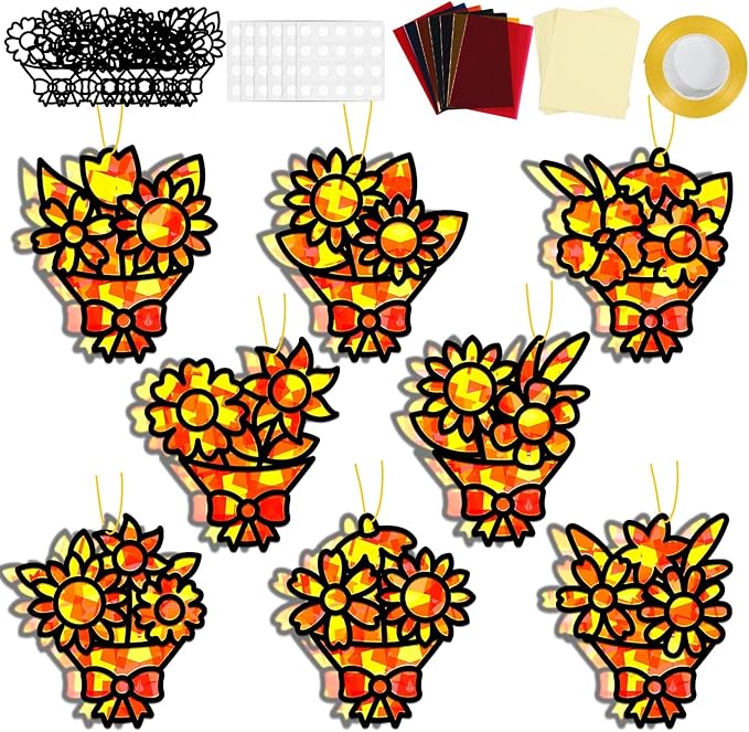QOUBAI 32 Sets Fall Bouquet Suncatchers Craft Kit DIY Window Stained Glass Effect Autumn Bouquet Paper Crafts Home School Classroom Decoration Kid Birthday Gift Creative Art Project Activity Game