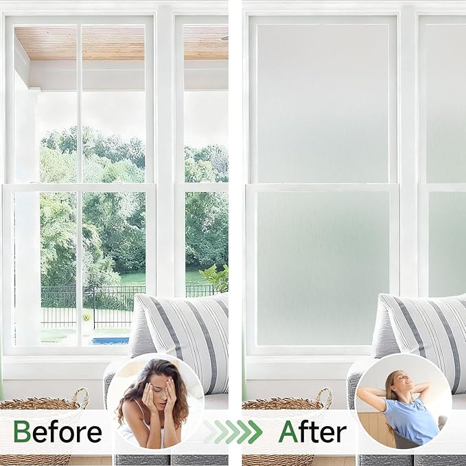 Borsky Frosted Glass Window Film - Static Cling, 96% UV Blocking Non-Adhesive Privacy Window Film, Removable Window Cling with Day & Night Privacy for Bathroom Home Office, 35.4 x 78.7 Inches, Pure