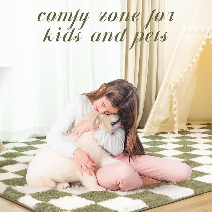 Super Soft Rug for Bedroom, 3x5 Ft Green and White Area Rug Classic Checkered Shaggy Anti-Skid High Pile Soft Fluffy Rug Fuzzy Carpet for Living Room Bedroom Kids Room Nursery, Dorm Home Decor