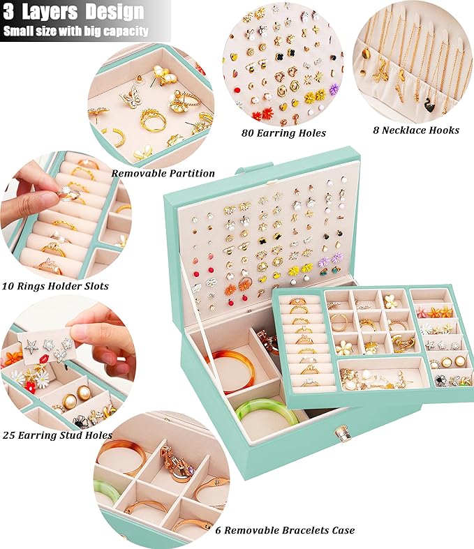 Girls Jewelry Box for Earrings Jewelry Organizer Box Teen Girls Earrings Organizer Jewelry Box Earring Holder Organizer Stud Earring Box for Girls Womens Jewelry Case Organizer Teal