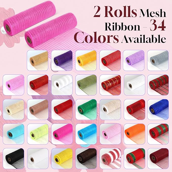 2 Rolls Mesh Ribbon for Wreaths 10 Inch x 30 Foot Wreath Mesh Rolls with Metallic Foil for Easter Christmas Party Wedding Home Decor DIY Craft Projects and Gift Wrapping (Red/White)