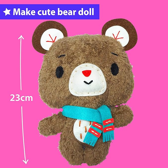 KRAFUN Teddy Bear Animal Sewing Kit for Kids Beginner My First Art & Craft, Includes Teddy Doll Stuffed Doll, Instructions & Plush Felt Materials for Learn to Sew, Embroidery, Age 7 8 9 10 11 12