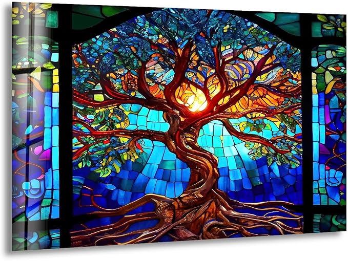My Photostation.com 30Wx24H'' Stained Blue Life of Tree Glass Wall ArtTempered Glass Printing Wall Decor Large Wall Art Wall Hangings