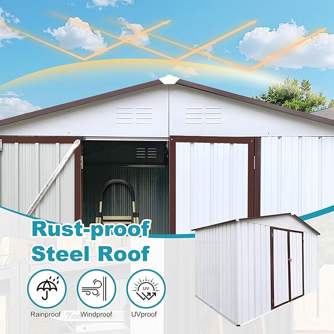 Sheds & Outdoor Storage 8 ft × 10 ft Storage Shed Large Classic Apex Roof Metal Garden Storage Sheds with Hinged Door Tool Cabinet for Backyard, Patio, Poolside, White + Coffee