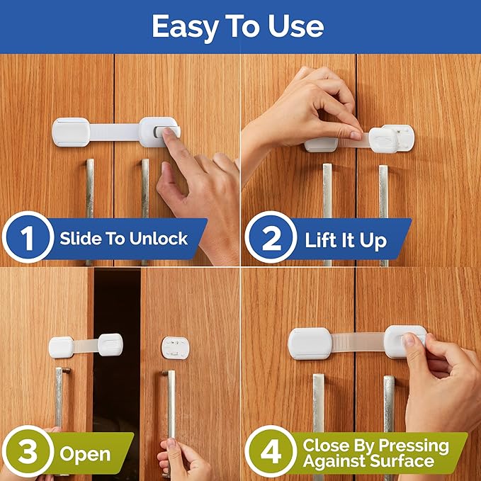 Child Safety Strap Locks (10 Pack) Baby Locks for Cabinets and Drawers, Toilet, Fridge & More. 3M Adhesive Pads. Easy Installation, No Drilling Required, White