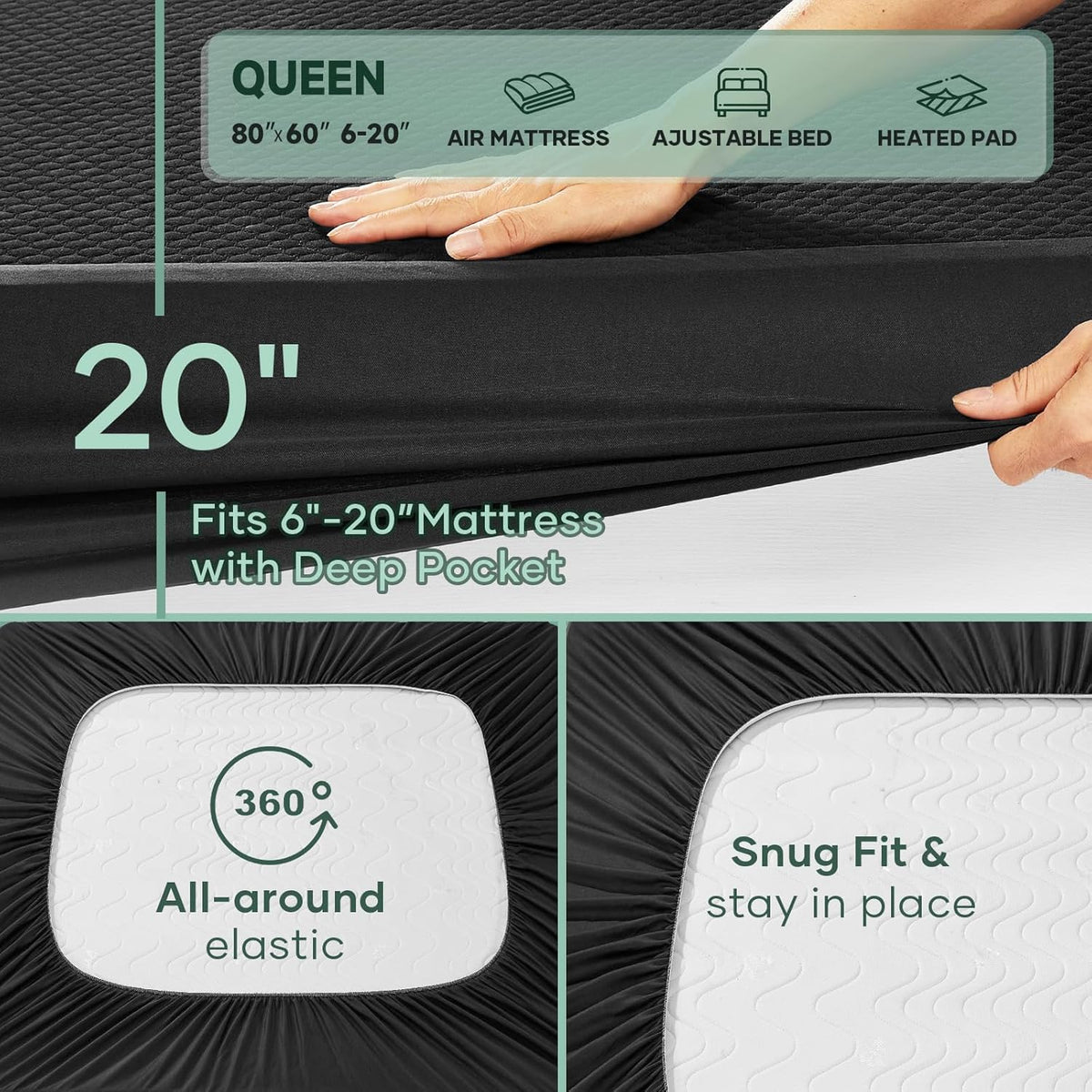 OhGeni 100% Waterproof Mattress Protector, Queen Size Mattress Pad, Fits 6"-20" Mattresses with Deep Pocket, Cooling, Breathable Fitted Sheets, Soft Bed Cover, Noiseless, Machine Washable(Black)