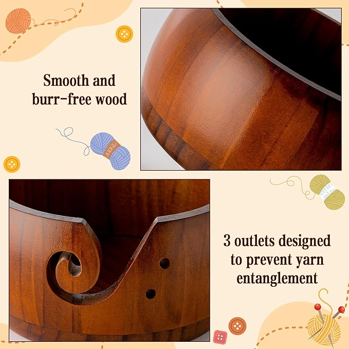 WATINC Wooden Yarn Bowl Holder Set - Large Crochet Yarn Storage Bowls with 9pcs Metal Knitting Hooks, Adjustable Loop Ring Stitch Markers with Box Crochet Gifts for Knitters Crocheters (Dark Brown