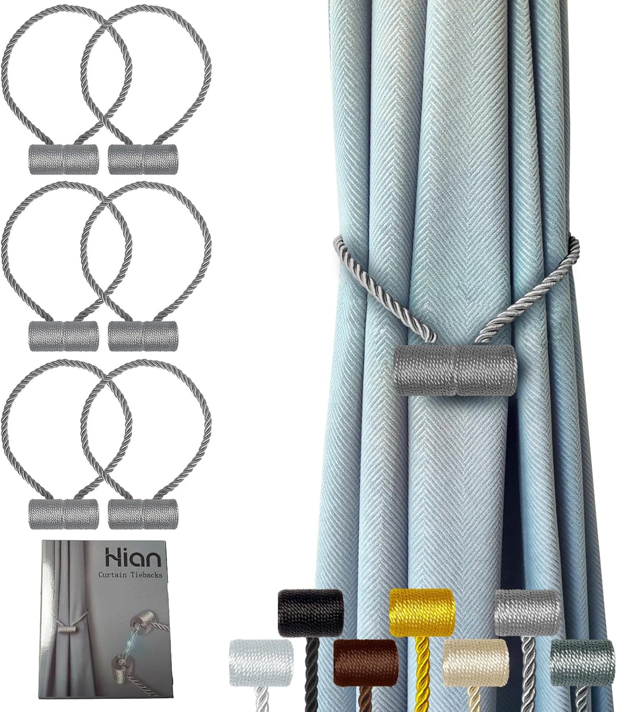 Hion Magnetic Curtain Tiebacks Grey 6 Pack, Curtain Tiebacks Buckles Holdbacks Holders Hooks Clip for Home Bedroom Office Decorative Thick or Thin Curtain