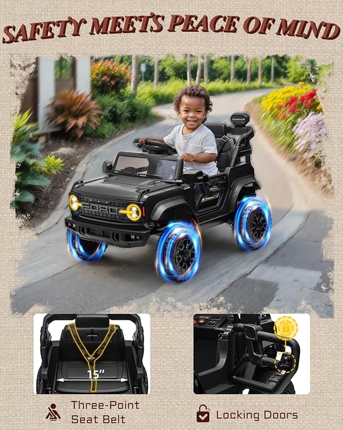 12V Ride on Toys for Kids, Licensed Ford Bronco Raptor Children Electric Vehicles, Toddler Battery Powered Car with Double Doors, 3 Point Safety Belt, Led Lights (12V, Black)