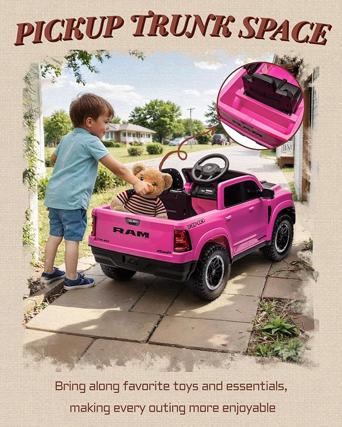 Licensed Ram 1500 12V Ride on Toys, Kids Ride on Car with Remote Control, Electric Vehicle for Toddler with Smooth Start, Pickup Truck Bed Storage, Spring Suspension, Aux Port (Pink)