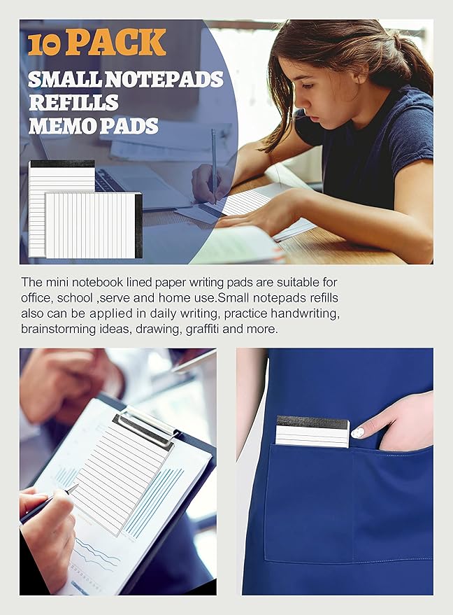 10 Pack Notepad Small Lined Writing Notepads 4 x 6 Inch Memo Pads Refills Paper Tear off Note Pads 4 x 6” Scratch Pads Server Writing Pad Small Notebook with 30 sheets in Each Pad for School Office