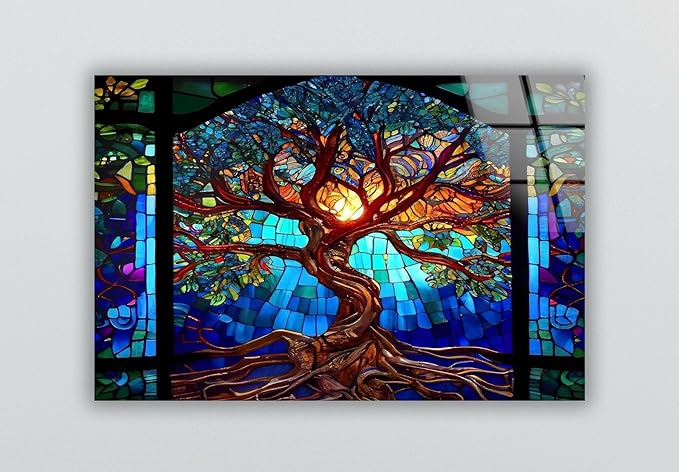 My Photostation.com 30Wx24H'' Stained Blue Life of Tree Glass Wall ArtTempered Glass Printing Wall Decor Large Wall Art Wall Hangings