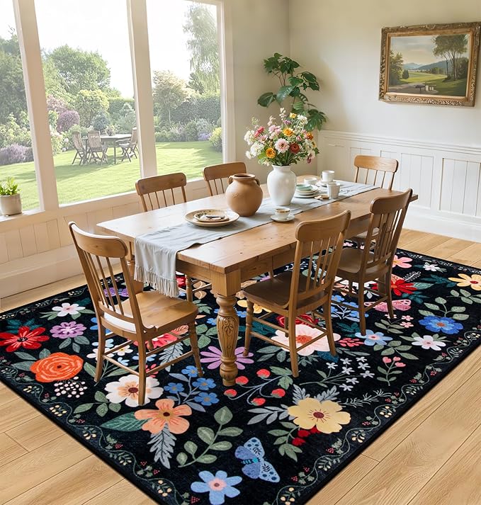 6x9 Area Rugs for Living Room: Floral Washable Rug Vintage Large Soft Boho Non-Slip Carpet Indoor Floor Stain Resistant Thin Carpets for Bedroom Dining Room Farmhouse Nursery Hallway Home Office Black