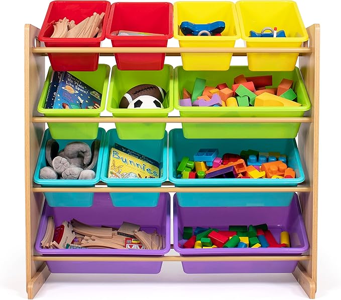 Humble Crew Kids Toy Storage Organizer with 12 Plastic Bins, Natural Wood/Rainbow – Removable Bins for Playroom, Bedroom, Toddler Furniture for Boys and Girls Ages