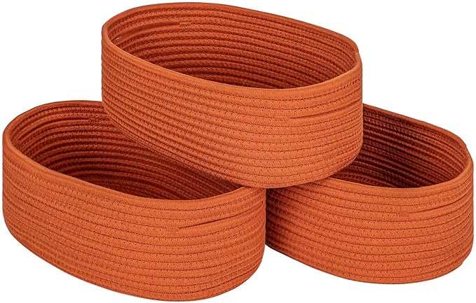 Shelf Storage Baskets for Organizing|Decorative Basket for Closet Storage|Toy Baskets&Bins|Small Woven Rope Baskets-13x8.66x5.11’’,Durable&Stylish,Oval 3 Packs Brick Red