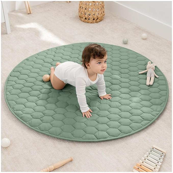 Comfy Cubs Round Kids Play Mat - Medium 48 inches Soft Quilted Baby Floor Mat with Non-Slip Bottom - Plush Design for Toddlers' Playtime and Relaxation - Comfortable and Durable - Fern