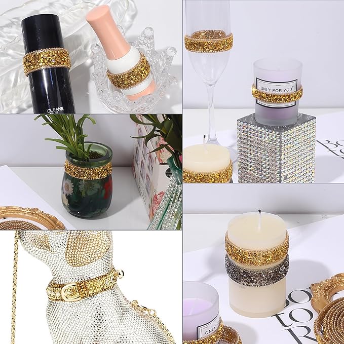 Rhinestone Ribbon 3 Yards Self Adhesive Rhinestone Strips Diamond Ribbon Sticker Crystal Roll Glitter Bling Rhinestones Tape for Crafting DIY Art Decoration (Gold,0.4 Inch)