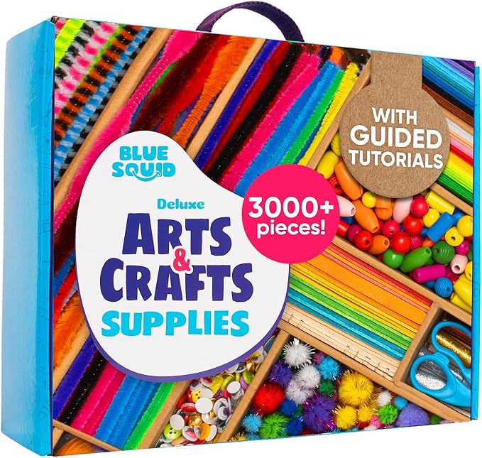 Blue Squid 3000+ pcs Arts and Crafts Supplies for Kids | Craft Kit Box for Kids Age 3-5, 4-8, 6-8, 8-12 | Craft Supplies & Materials Crafts Set Toys Art Box Gifts for Girls Boys Bulk Art Kit
