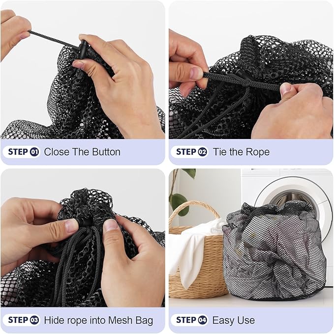 4Pcs Mesh Laundry Bags Washing Machine Mesh Wash Bags Jumbo for Delicates Clothes,Bed Linen,Toys with Drawstring Closure Sturdy (Black, Pack 4 Pcs)