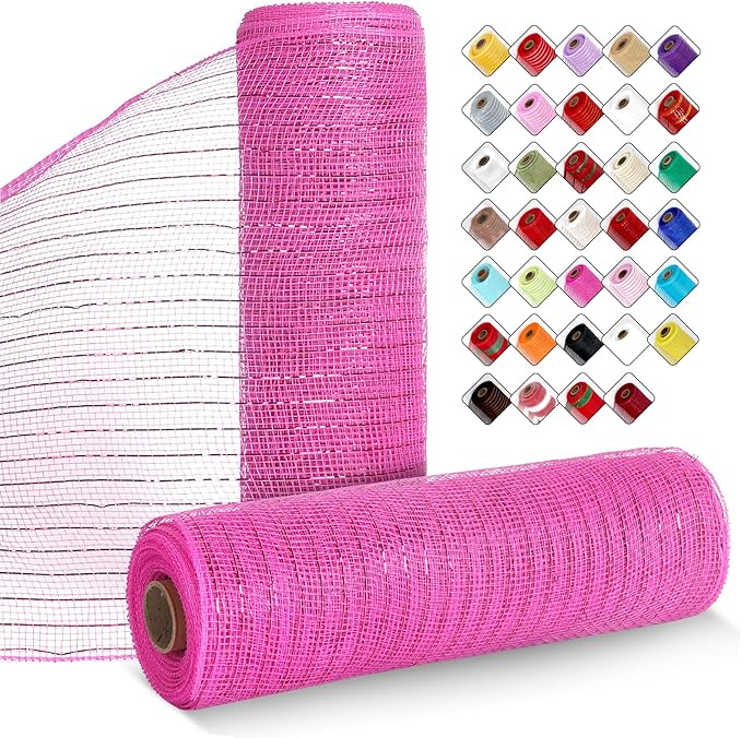 2 Rolls Mesh Ribbon for Wreaths 10 Inch x 30 Foot Wreath Mesh Rolls with Metallic Foil for Easter Christmas Party Wedding Home Decor DIY Craft Projects and Gift Wrapping (Dark Pink)