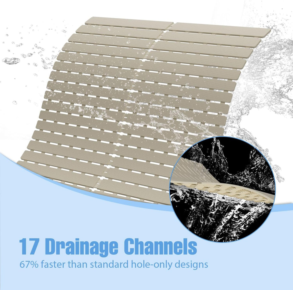 Shower Mat Non-Slip Bath Mat for Tub Floor & Stall with 200+ Suction Cups & Drain Holes, Quick Dry Machine Washable Bathtub Mat, Safe for Elderly& Baby, Bathroom Essentials 24x24 Inch (Light Brown)