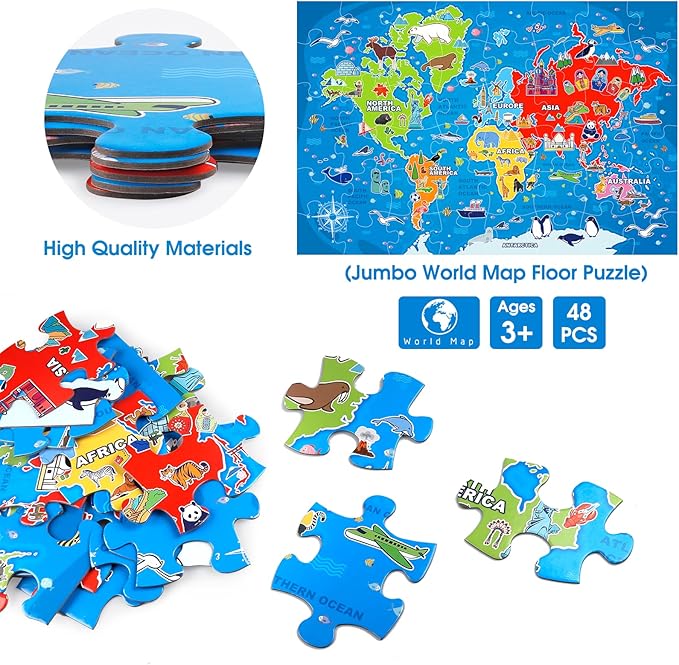 Jumbo Floor Puzzle for Kids,World Map Jigsaw Geography Puzzles,48 Piece Globe Atlas Puzzle with Continents,United States Puzzle for Ages 3-5,Preschool Learning Toys Gift for 4-8 Years Old