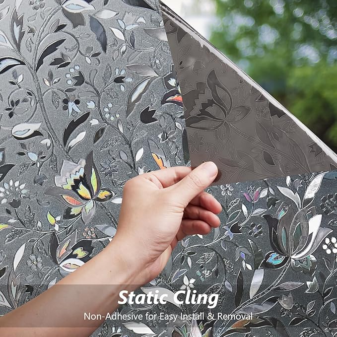 Kromapolis Window Film, Window Privacy Film Frosted, Vinyl Glass Covering, Stained Glass Decorative Film, Static Window Clings, Non-Adhesive (Grayish Black, 35.4 x 157.4 inch)
