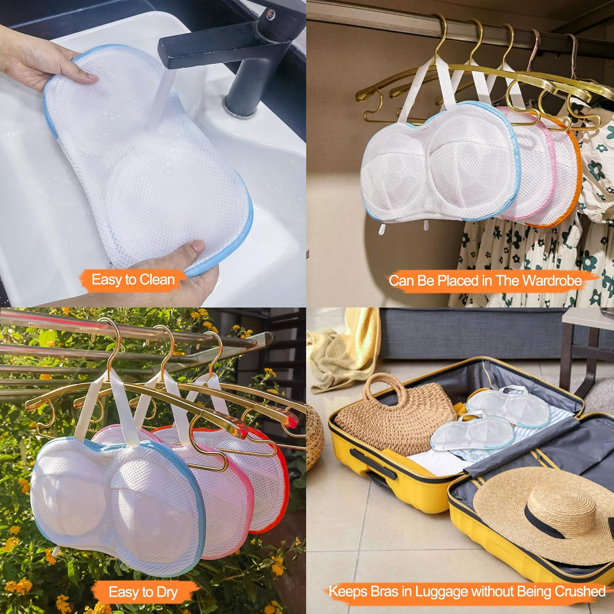 8 Pcs Bra Wash Bags for Laundry - Lingerie Mesh Bag Set Underwear Brassiere for Washing Machine With Zipper for Women Delicates Yellow (32A-36C Cup)