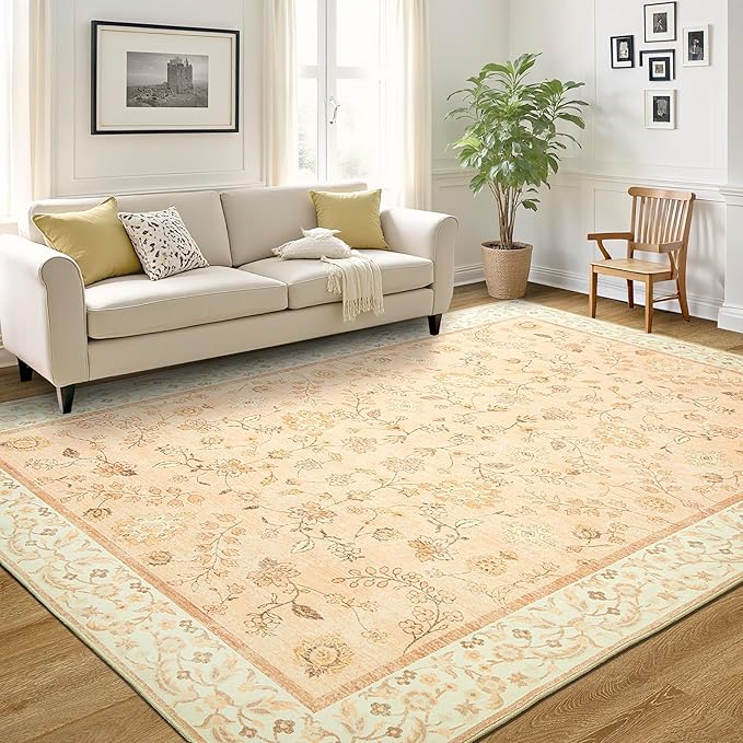 LOCHAS Washable Area Rugs 8x10, Peach Floral Rug for Living Room Bedroom Non Slip, Ultra Soft Vintage Indoor Carpet for Kids, Nursery, Dorm, Dining Room, Classroom, Boho Flower Home Decor, Low-Pile