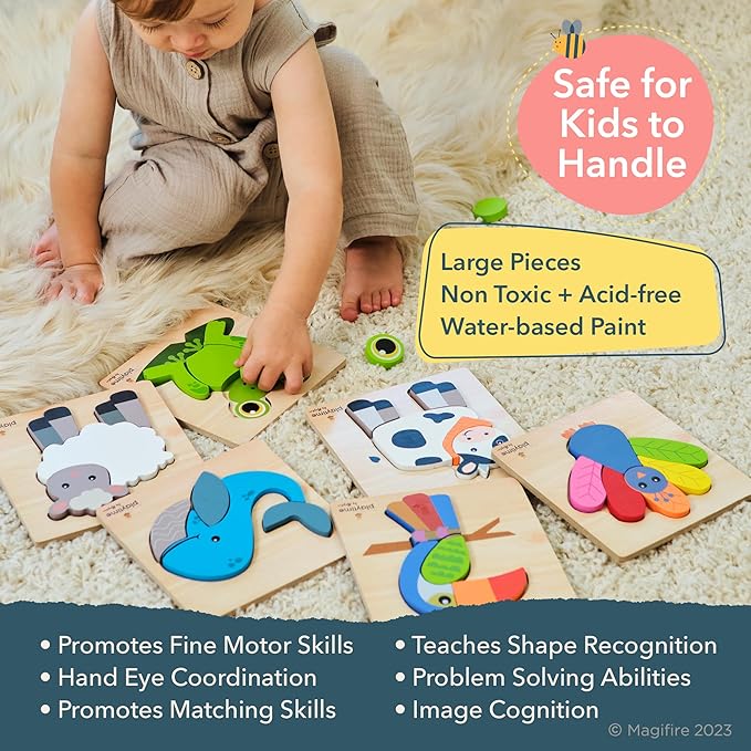 MAGIFIRE Wooden Puzzles for Toddlers 1-3 - 6-Pack Multicolor Cartoon Animal Puzzle Set - Large Easy-Grip Pieces for Small Hands with Storage Bag and Box