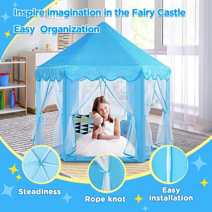 Monobeach Princess Tent Girls Large Playhouse Kids Castle Play Tent with Star Lights Toy for Children Indoor and Outdoor Games, 55'' x 53'' (DxH) (Blue Prinecss Tent with Little Star Lights)