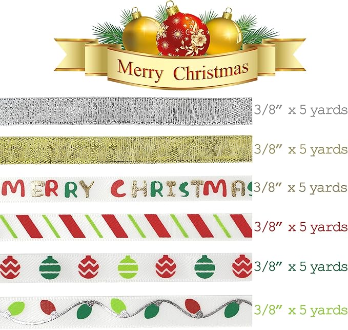 MEEDEE Christmas Ribbon 3/8 inch Thin Holiday Ribbon Set in Red, Green, White, Gold & Silver Color 12 Rolls 60 Yards Perfect for Gift Wrapping, Xmas Wreath Decor, Garlands, and Holiday Crafts
