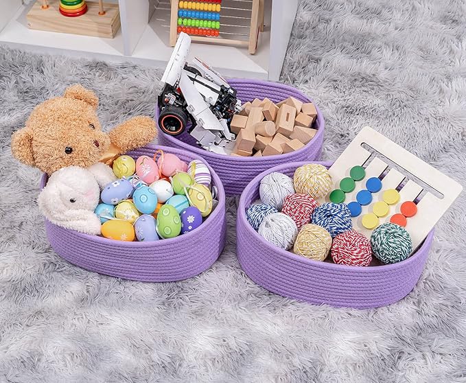 Baskets Bins for Shelf Storage Organizing/Cute Basket to Store and Organize Household Items/Woven Rope Basket for Living Room, Bedroom,Playroom,3 Packs Purple Basket