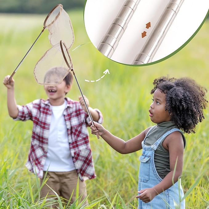 ROBOTIME 2Sets Bug Catcher for Kids, Sturdy Bug Catching Kit with Butterfly Net, Insect Box, Magnifying Glass, Tweezer, Clamp, Cards and Carry Bag, Bug Habitat Outdoor Explorer Kit for Kids 3-12