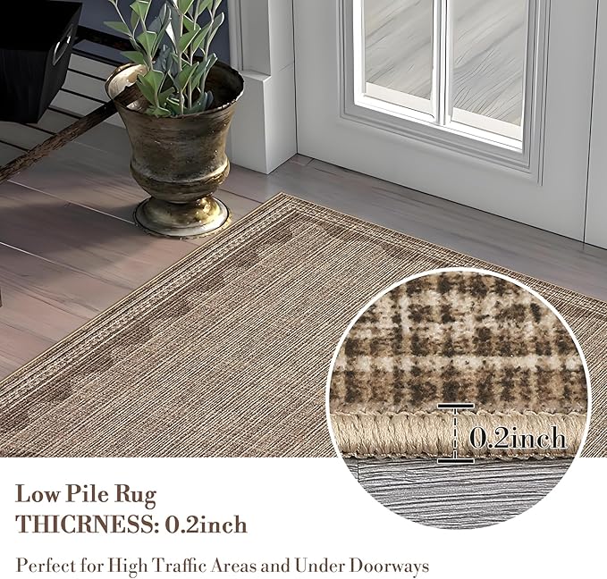 Scalloped Washable Rug 9x12 Area Rugs for Living Room, Solid Tan Rug for Bedroom Girls, Non Slip Throw Mat with Rubber Back, Soft Dorm Nursery 9x12 Carpet for Dining Room