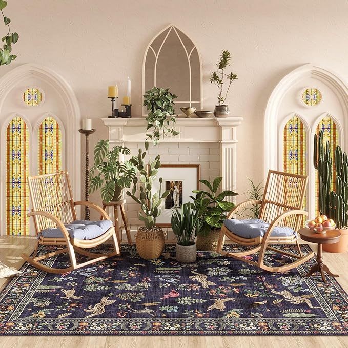 Rugcomf Living Room Rug 6x9 Rug Machine Washable Boho Area Rug Non Slip Floral Animal Vintage Low Pile Large Rug for Living Room, Bedroom, Farmhouse, Dining Room, Kids Playroom (Blue)