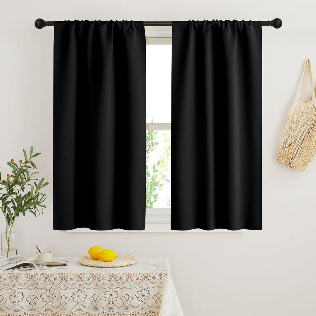 RYB HOME Black Short Curtains Blackout, 45 inch Durable Cafe Curtains Room Darkening Window Drapes Privacy Protection for Basement Closet Kithen, W29 x L45 inch, 2 Panels