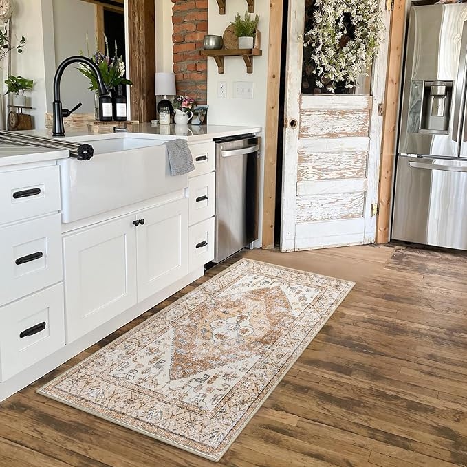 Lahome Boho 2x4 Rug Runner, Non-Slip Low-Pile Washable Kitchen Rugs Small Throw Bath Mat Runner, Oriental Accent Print Runners Area Runners for Hallway Bedroom Entryway Kitchen Living, Taupe