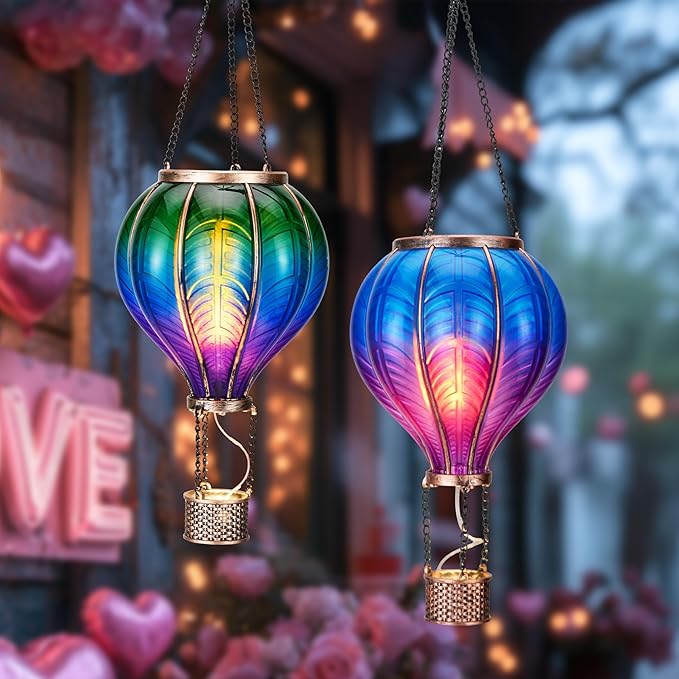 TERESA'S COLLECTIONS 2 Pack Hanging Solar Lantern Outdoor Garden Decor for Valentine ,Waterproof Plastic Hot Air Balloon Green Flickering Flame Effect Lantern for Yard Tree ,18"