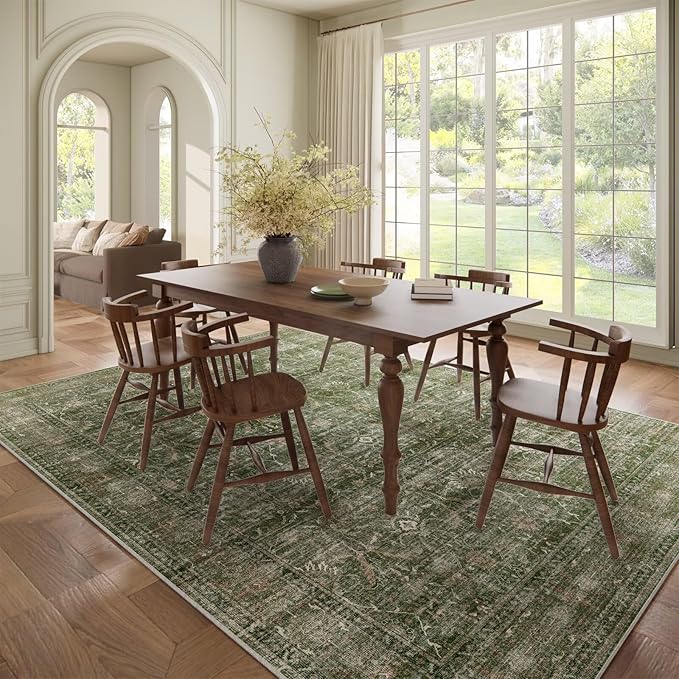 Washable 8x10 Area Rugs for Living Room, Boho Non-Slip Silicone Backing Rugs for Bedroom Dining Room Nursery Office, 0.3" Neutral Oriental Throw Carpet with 0.16" Cushioning Pad, Grass Green/Multi