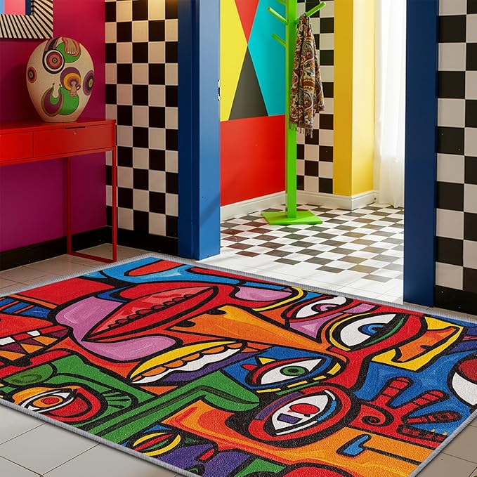 Colorful Rug - 8x10 Rug, Abstract Area Rugs,Pop Art Graffiti Multicolor Non Slip Shed Resistant Extra Large Carpets Home Decor