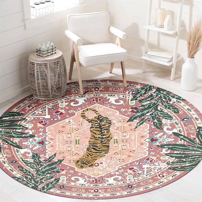Washable Pink Rugs Thin Oriental Boho Vintage Cute Tropical Leopard 6ft Round Area Rugs for Bedroom Kitchen Dining Living Room Office Indoor Entryway Distressed Nursery Circle Carpet