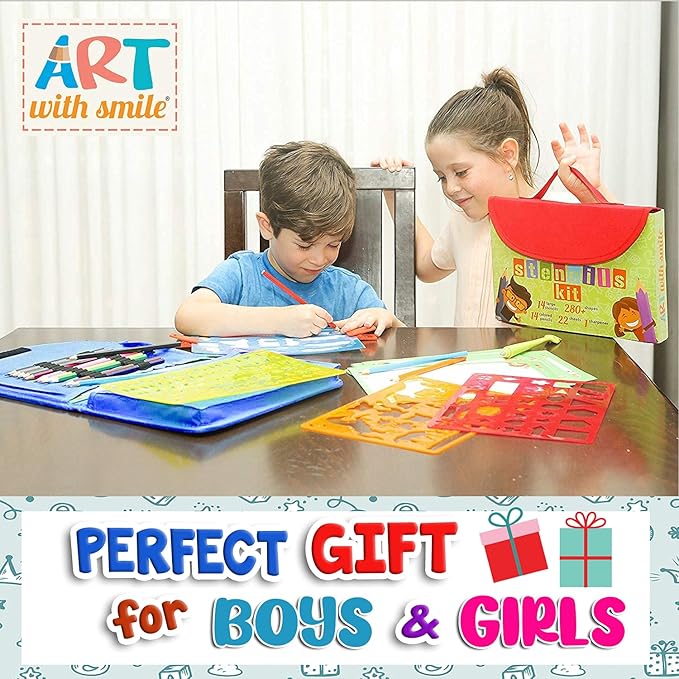 Drawing Stencils for Kids Kit & Carry Case – – Child-Safe, Non-Toxic Stencil Set with 300 Shapes, Colored Pencils, Paper, Etc. – Birthday Gifts & Travel Art Supplies for Creativity, Learning and Fun
