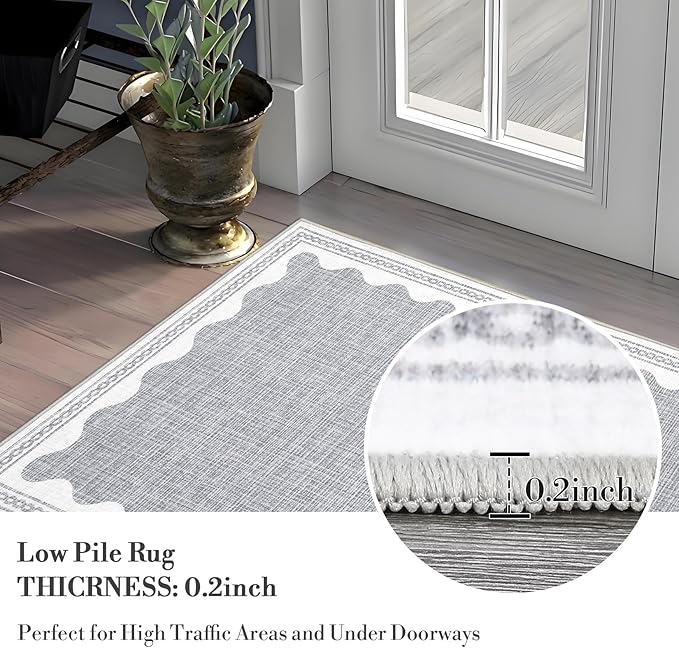 Scalloped Rug 2.5x8 Runners for Hallways, Solid Grey Runner Rugs Non Slip Scalloped Bath Runner, Washable Mat for Bedroom Girls, Rugs for Kitchen Floor Soft Dorm Nursery Carpet for Bedside