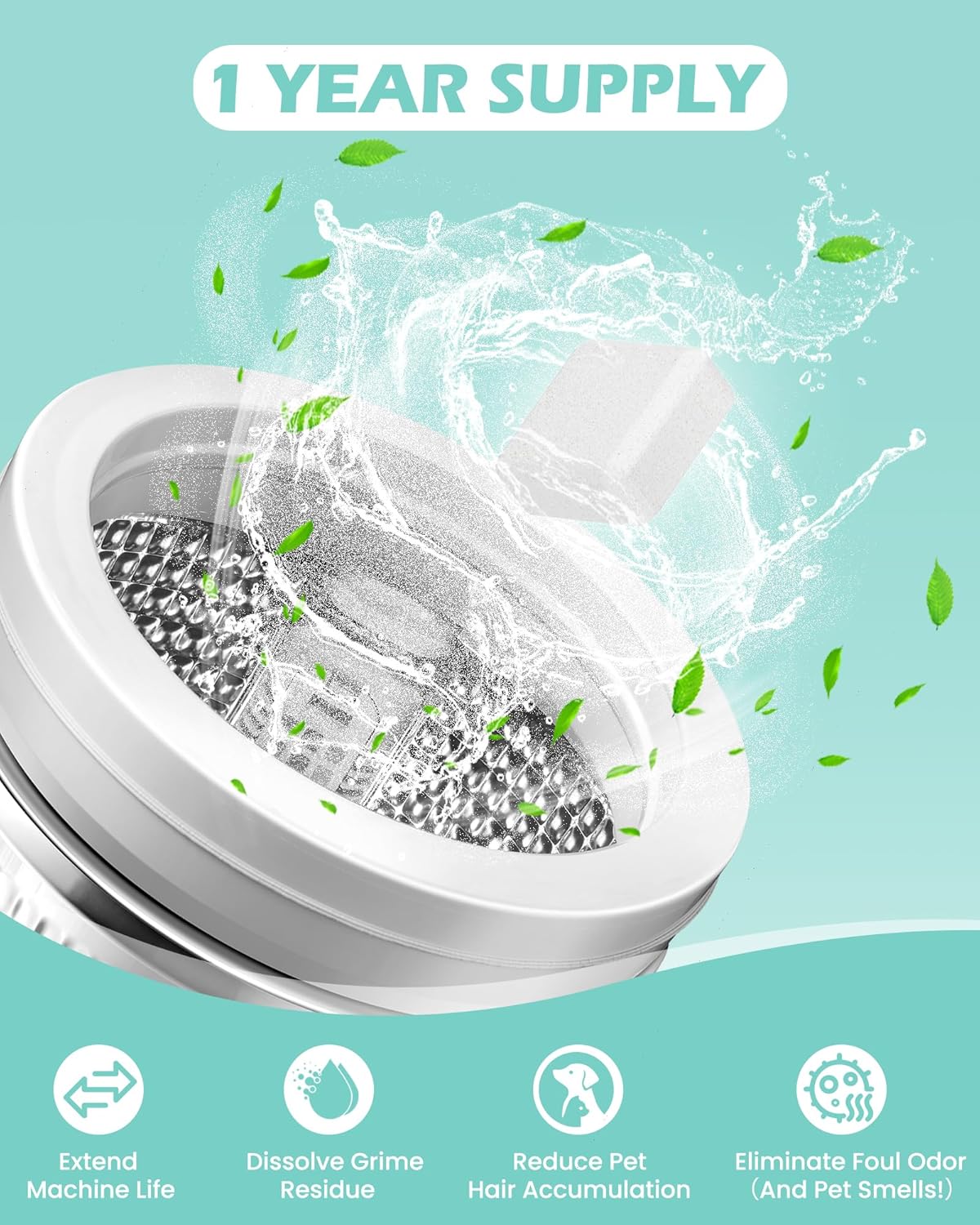 Washing Machine Cleaner Tablets: 40% Stronger Cleaning Power, Deep Cleaning Tablets For HE, Front Loader & Top Load Washer, Removes Pet Hair, Odors, Formulated for Pet Owners, 24 Pack, 15G